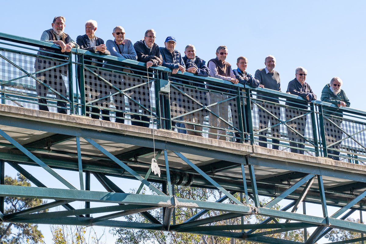 The reunited group of engineering students responsible for hanging an FJ Holden from a bridge