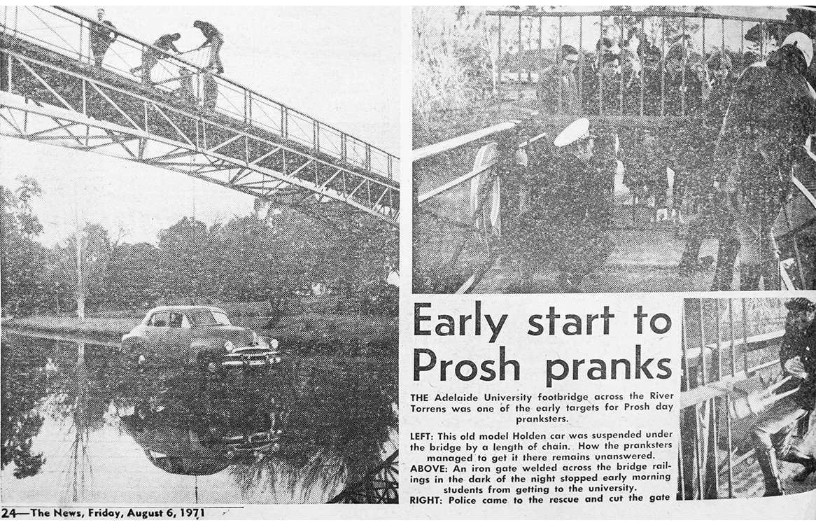 Newspaper article about the FJ Holden suspended from a bridge