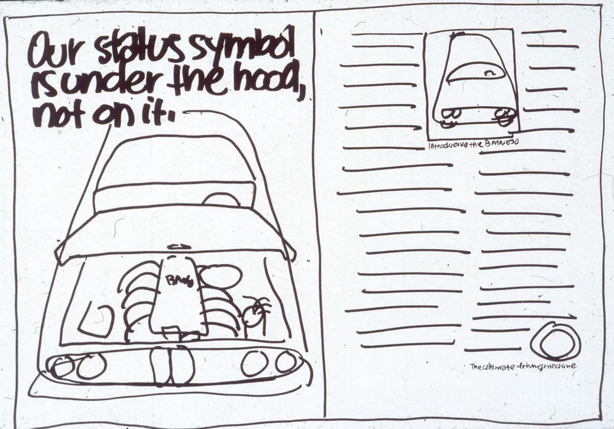 Draft sketch of the first BMW print advertisement in the USA