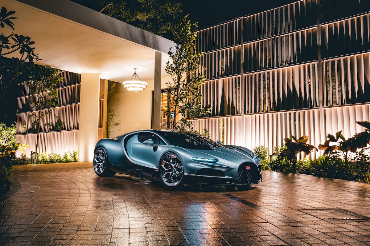 The Bugatti Tourbillon in front of the Raffles Sentosa in Singapore