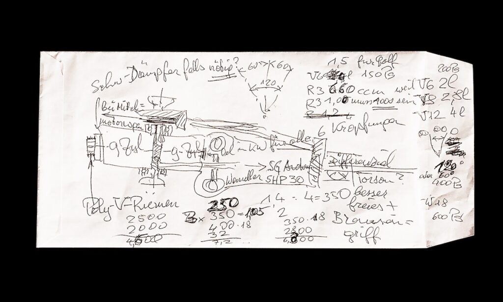 Envelope covered in sketches by Ferdinand Piech that led to the creation of the Bugatti Veyron