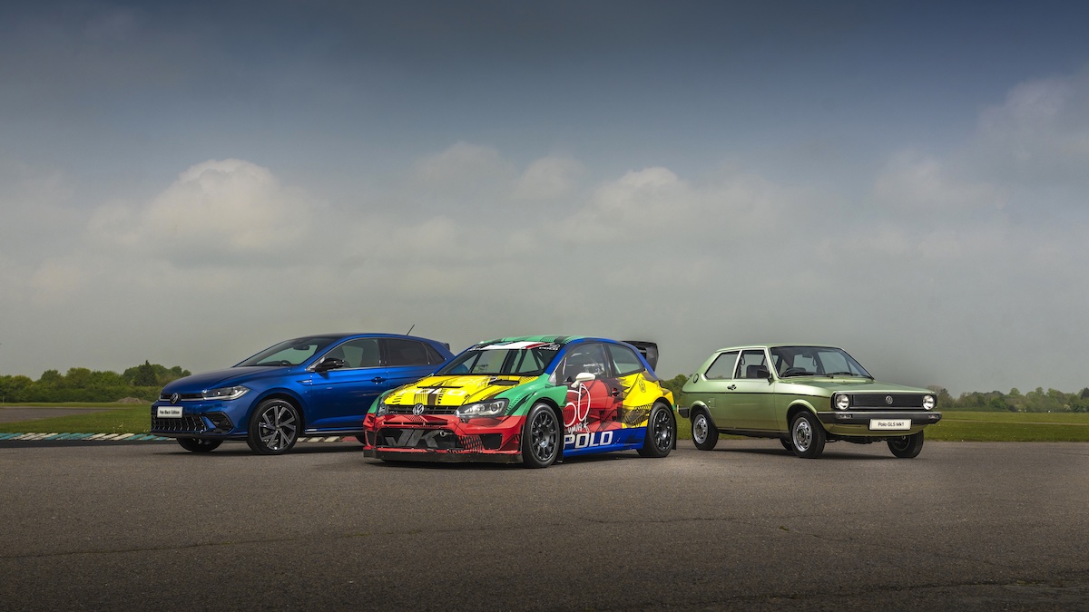 The Mk1 Polo, Mk6 Polo, and Polo FIA WRX car wearing the Harlequin paint scheme