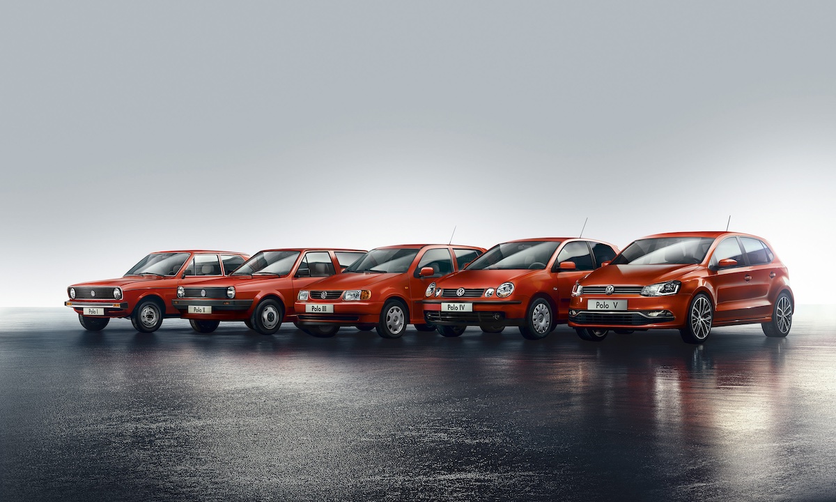 The first five generations of the Volkswagen Polo shown in a row
