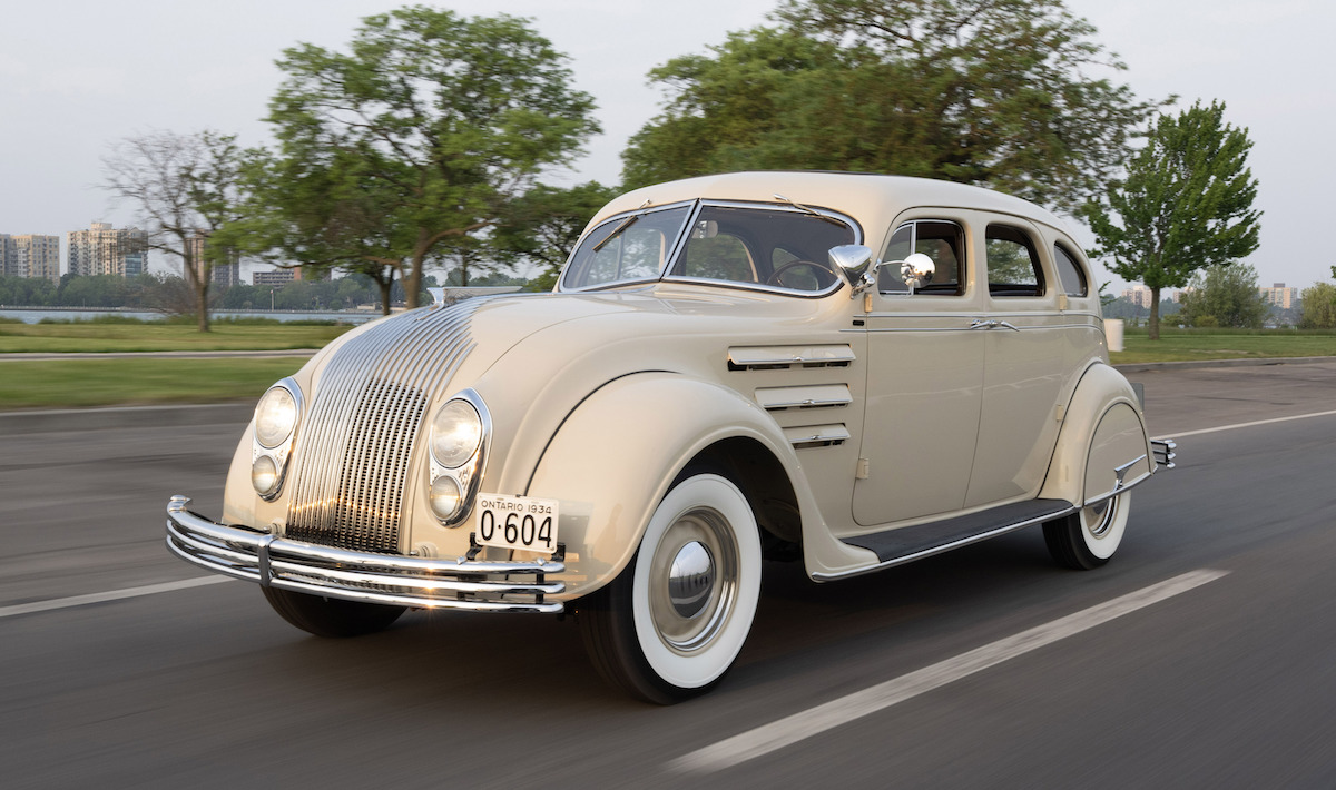1934 Chrysler Airflow Sedan was shown during the Chrysler historical vehicle drive on Detroit’s Belle Isle on June 4, 2025, which served as the kickoff to the brand’s birthday week celebration of a century of innovation.