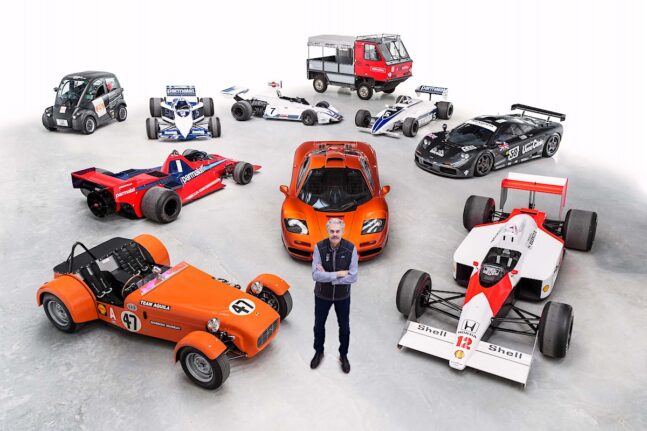 Gordon Murray with cars he has designed