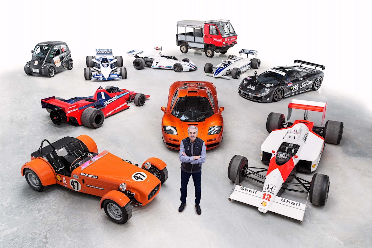 Gordon Murray with cars he has designed