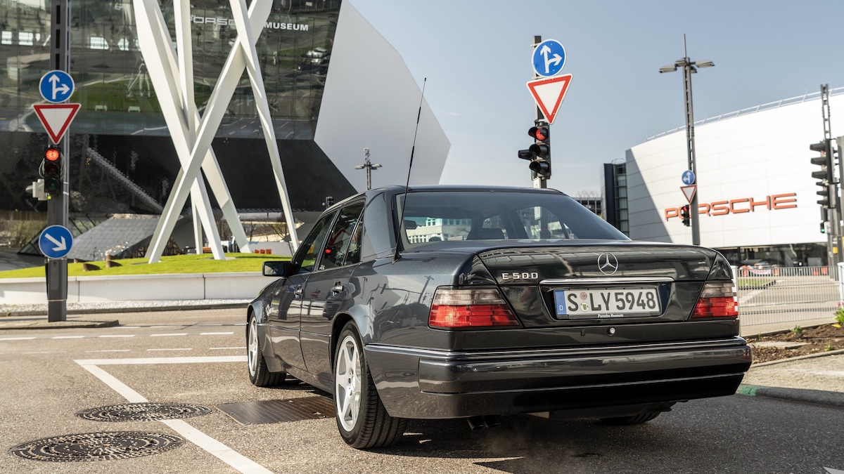 Mercedes E 500 in front of the Porsche Museum in Stuttgart