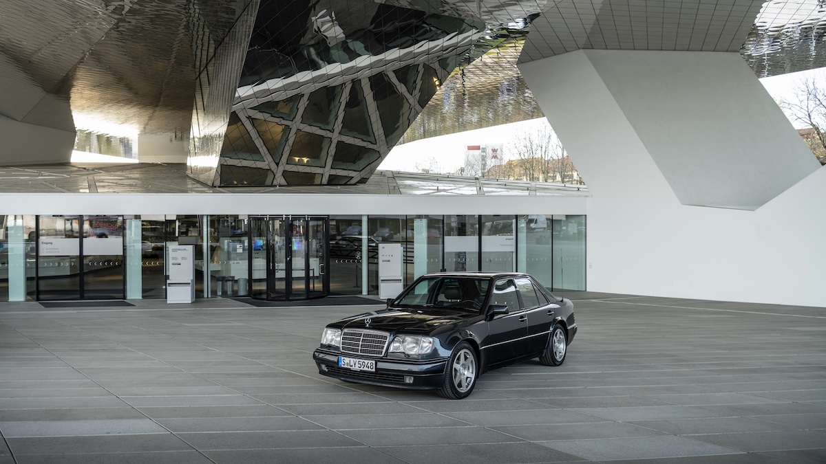 Mercedes E 500 in front of the Porsche Museum in Stuttgart