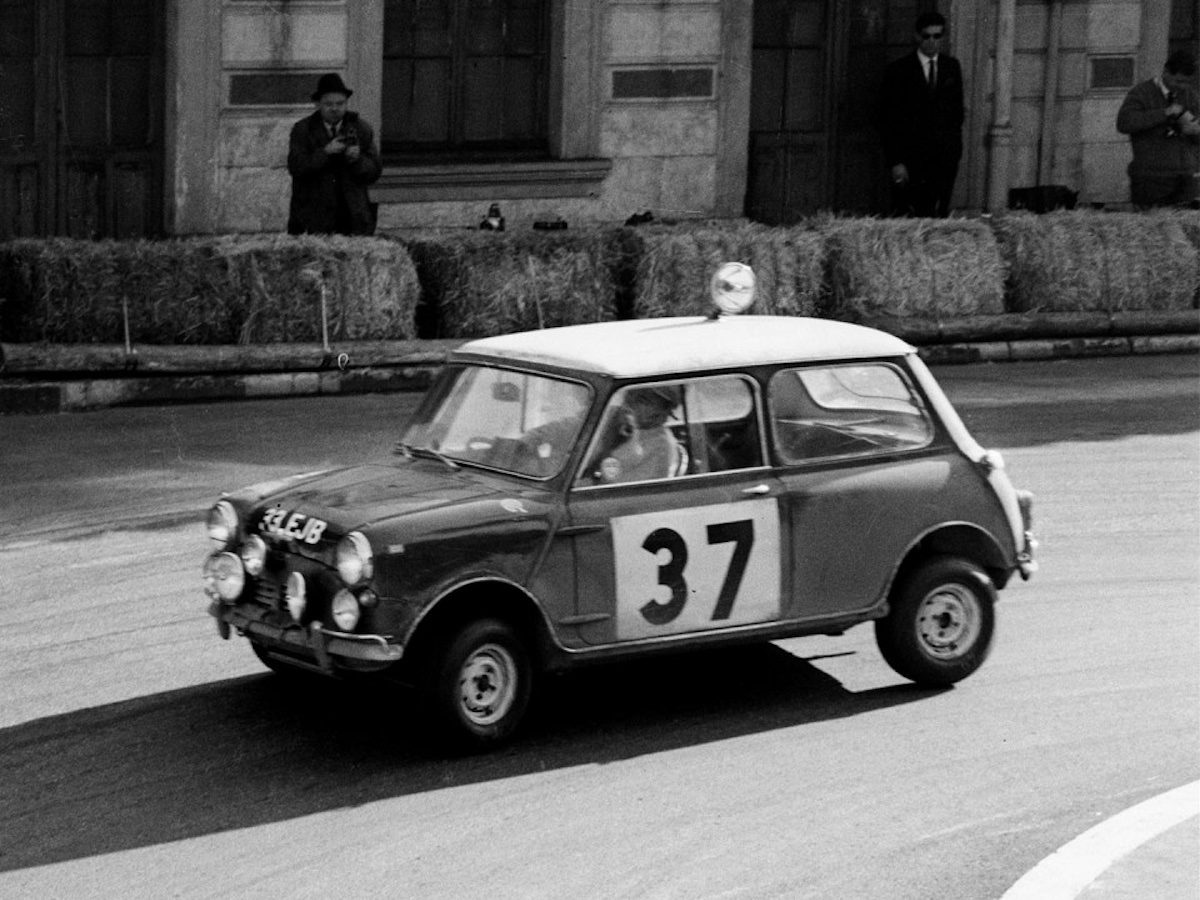 Mini Cooper S racing in the 1964 Monte Carlo Rally
