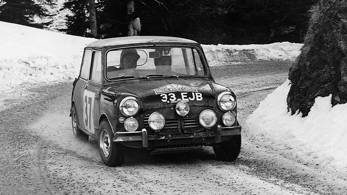 Mini Cooper S racing in the 1964 Monte Carlo Rally