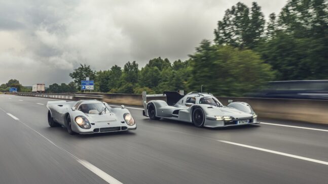 Porsche 963 RSP and Count Rossi 917 driving down highway
