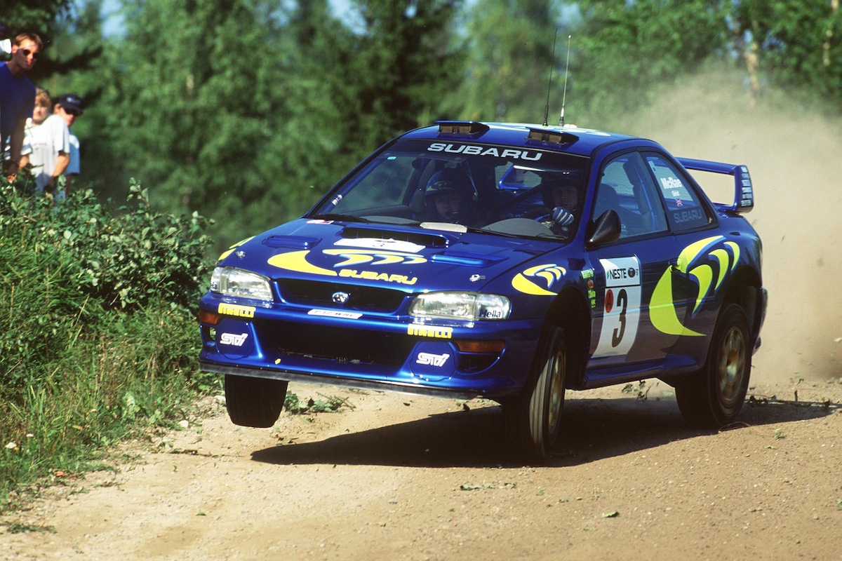 Colin McRae drives the first Impreza WRC at the Rally of Finland in 1997. The car debuted at Monte Carlo earlier that year and was subsequently sold to a private customer at the end of the season with the registration P18 WRC