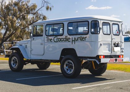 A Toyota LandCruiser previously owned by Steve Irwin with 'The Crocodile Hunter' written on the front and sides