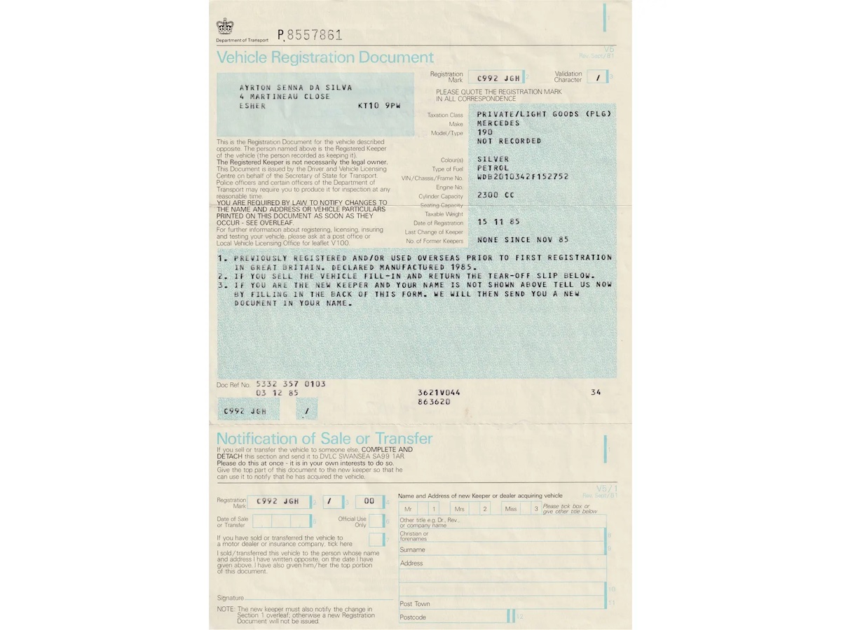 Original sale invoice for the 1985 Mercedes-Benz 190 E 2.3-16 once owned by Ayrton Senna