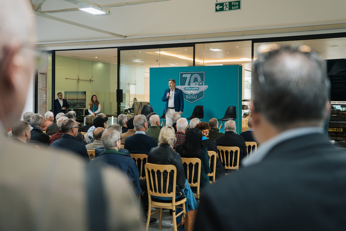 Aston Martin Works President, Paul Spires, addresses guests at the Aston Martin Works 70th anniversary event