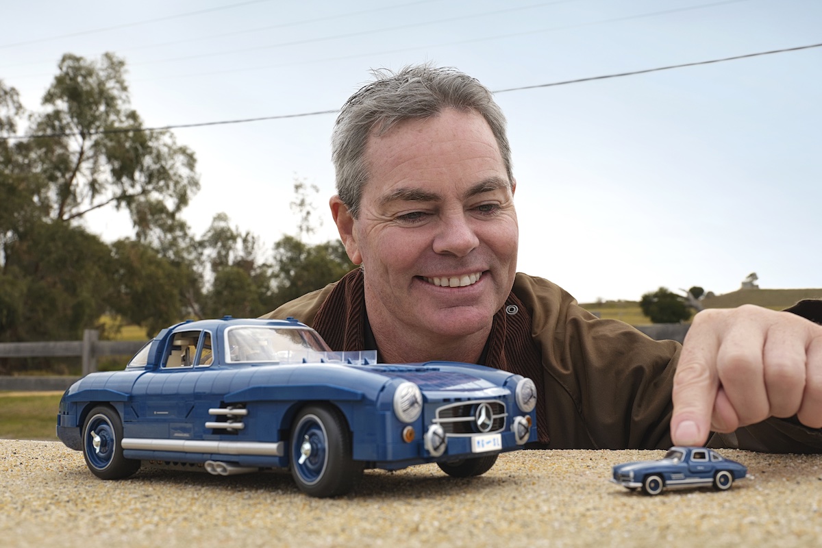 Craig Lowndes with the Mattel Brick Shop Mercedes-Benz 300SL