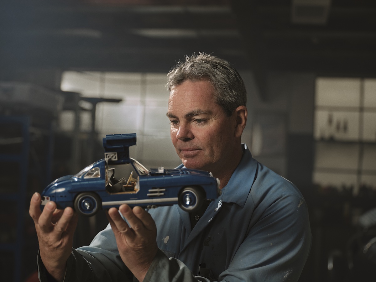 Craig Lowndes with the Mattel Brick Shop Mercedes-Benz 300SL