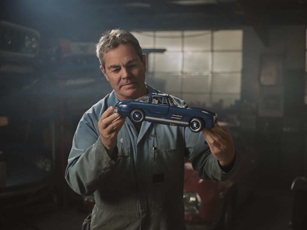 Craig Lowndes with the Mattel Brick Shop Mercedes-Benz 300SL