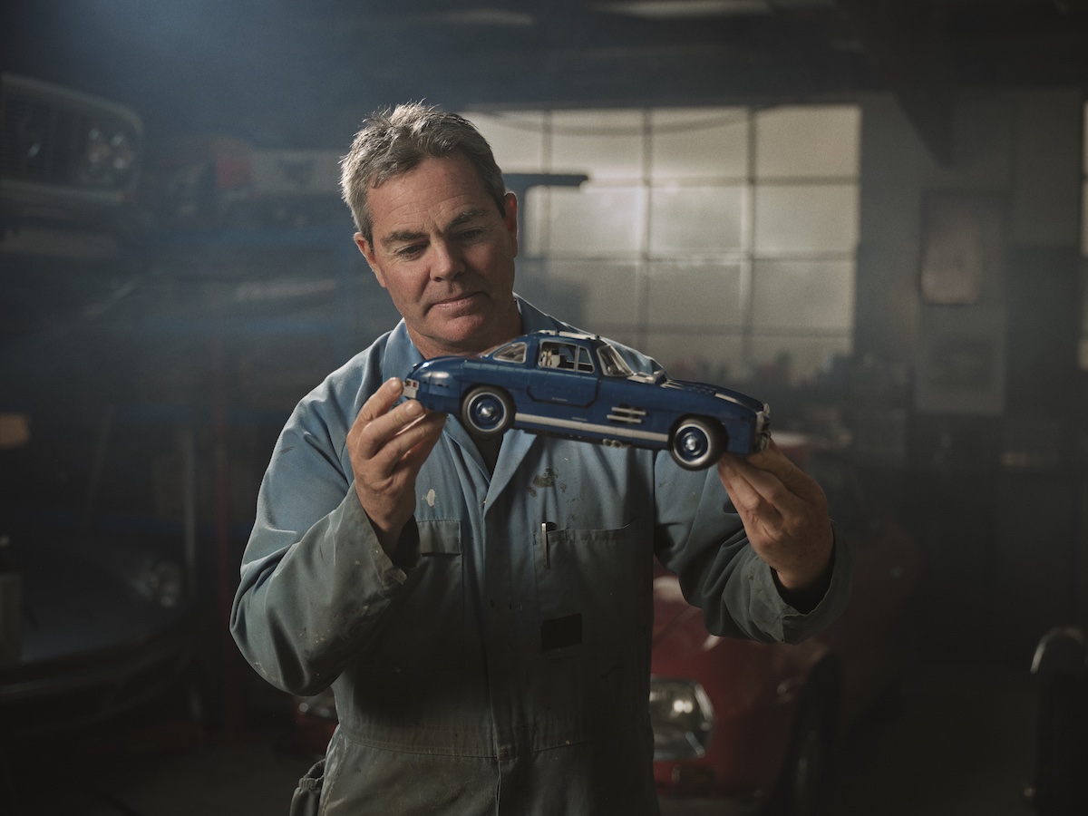 Craig Lowndes with the Mattel Brick Shop Mercedes-Benz 300SL