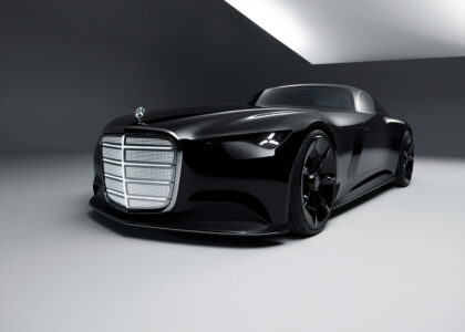 Mercedes-Benz Vision Iconic: Das skulpturale Exterieur in tiefschwarzer Hochglanzlackierung. Mercedes-Benz Vision Iconic: The sculptural exterior in deep black high-gloss finish.