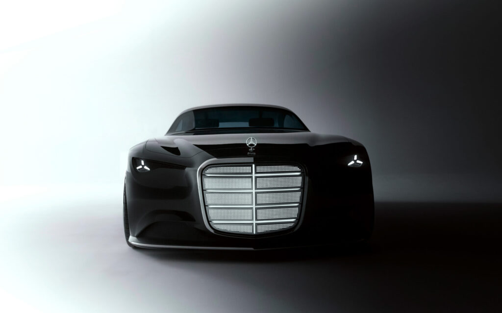 Mercedes-Benz Vision Iconic: Das skulpturale Exterieur in tiefschwarzer Hochglanzlackierung. Mercedes-Benz Vision Iconic: The sculptural exterior in deep black high-gloss finish.