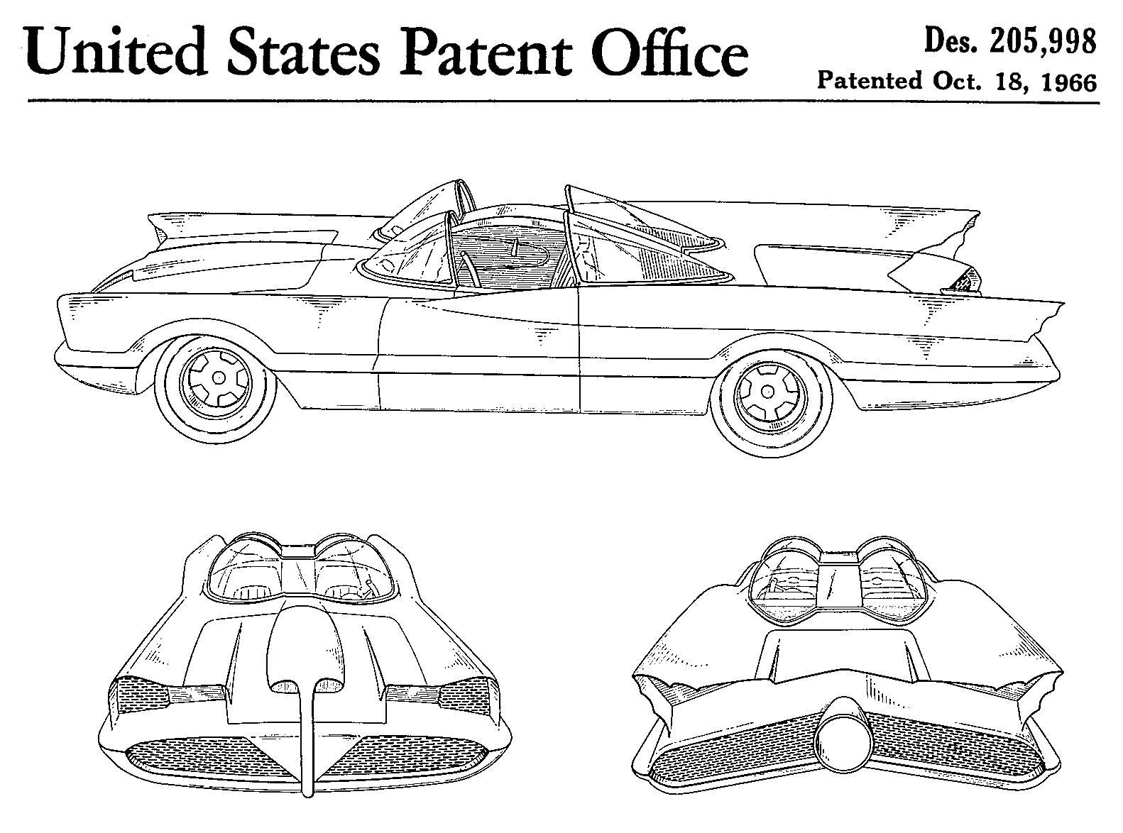 Patent illustration of the Lincoln Futura-based Batmobile built by George Barris for the 1960s Batman television series. The patent was filed by George Barris on March 11, 1966, granted on October 18, 1966, and its designation is 205,998.