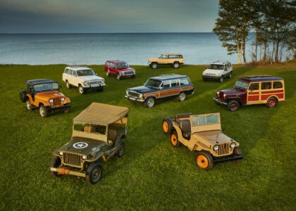 Group shot of nine key historical Jeep vehicles dating from 1944 to 1993.