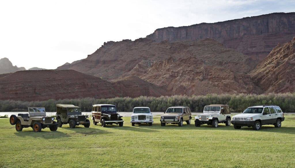 Jeep® historical vehicles: 1944 Willys-Overland “Jeep” MB, 1945 Willys-Overland Jeep CJ-2A, 1949 Willys-Overland Jeep Station Wagon, 1963 Jeep Wagoneer, 1984 Jeep Cherokee, 1987 Jeep Wrangler and 1993 Jeep Grand Cherokee