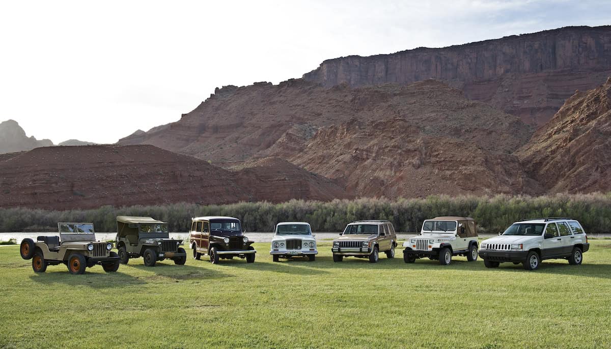 Jeep® historical vehicles: 1944 Willys-Overland “Jeep” MB, 1945 Willys-Overland Jeep CJ-2A, 1949 Willys-Overland Jeep Station Wagon, 1963 Jeep Wagoneer, 1984 Jeep Cherokee, 1987 Jeep Wrangler and 1993 Jeep Grand Cherokee