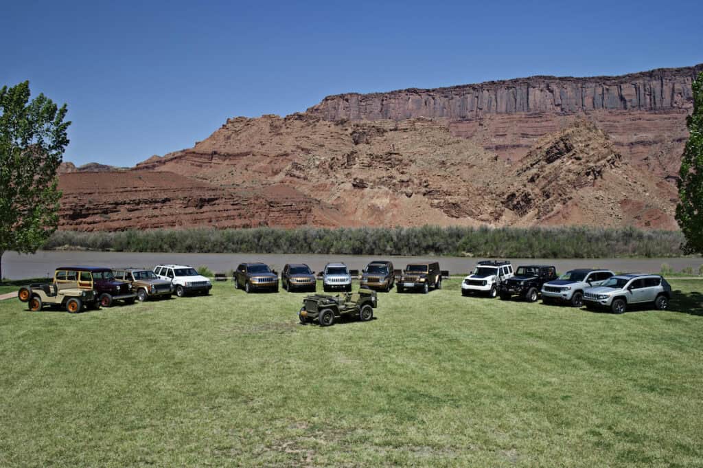 Jeep® historical vehicles displayed with the Jeep 70th Anniversary Edition models and Jeep image vehicles in Moab, Utah