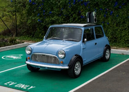 1971 Mini Classic converted to an EV with a Tesla Model 3 small motor by Modern Classic Cars Foundation