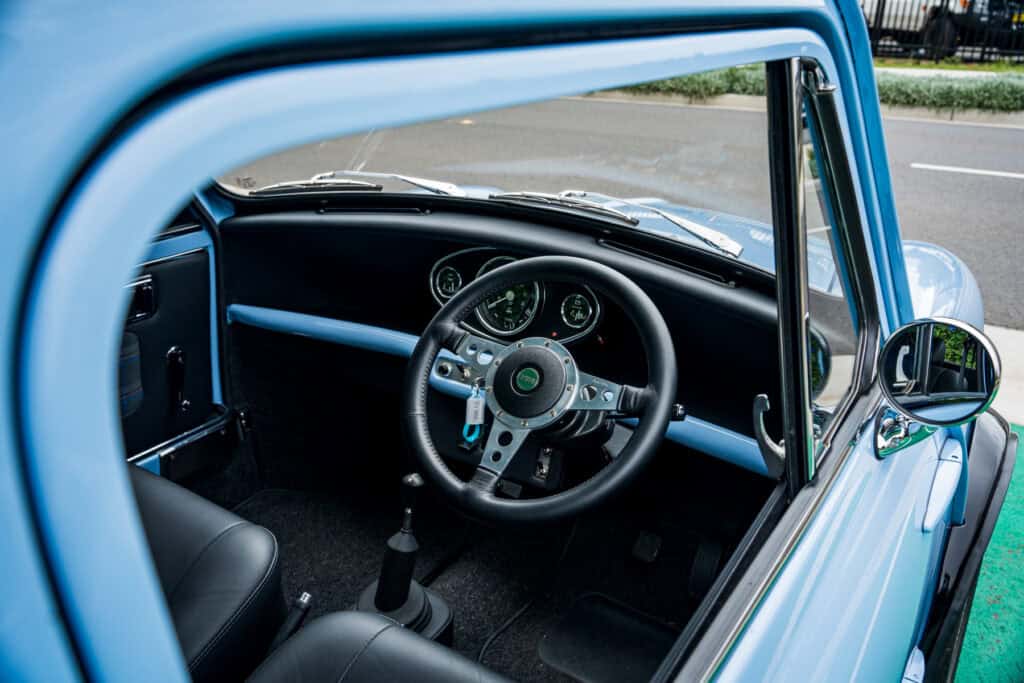 1971 Mini Classic converted to an EV with a Tesla Model 3 small motor by Modern Classic Cars Foundation