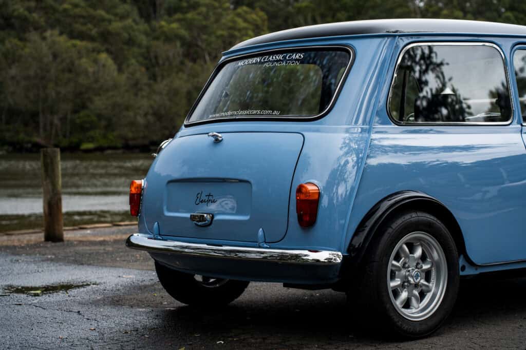 1971 Mini Classic converted to an EV with a Tesla Model 3 small motor by Modern Classic Cars Foundation