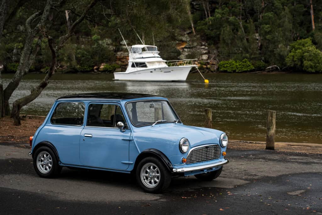 1971 Mini Classic converted to an EV with a Tesla Model 3 small motor by Modern Classic Cars Foundation