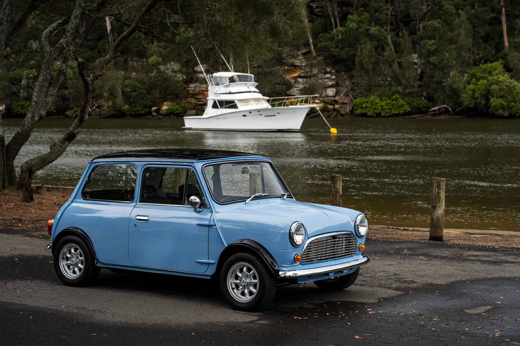 1971 Mini Classic converted to an EV with a Tesla Model 3 small motor by Modern Classic Cars Foundation