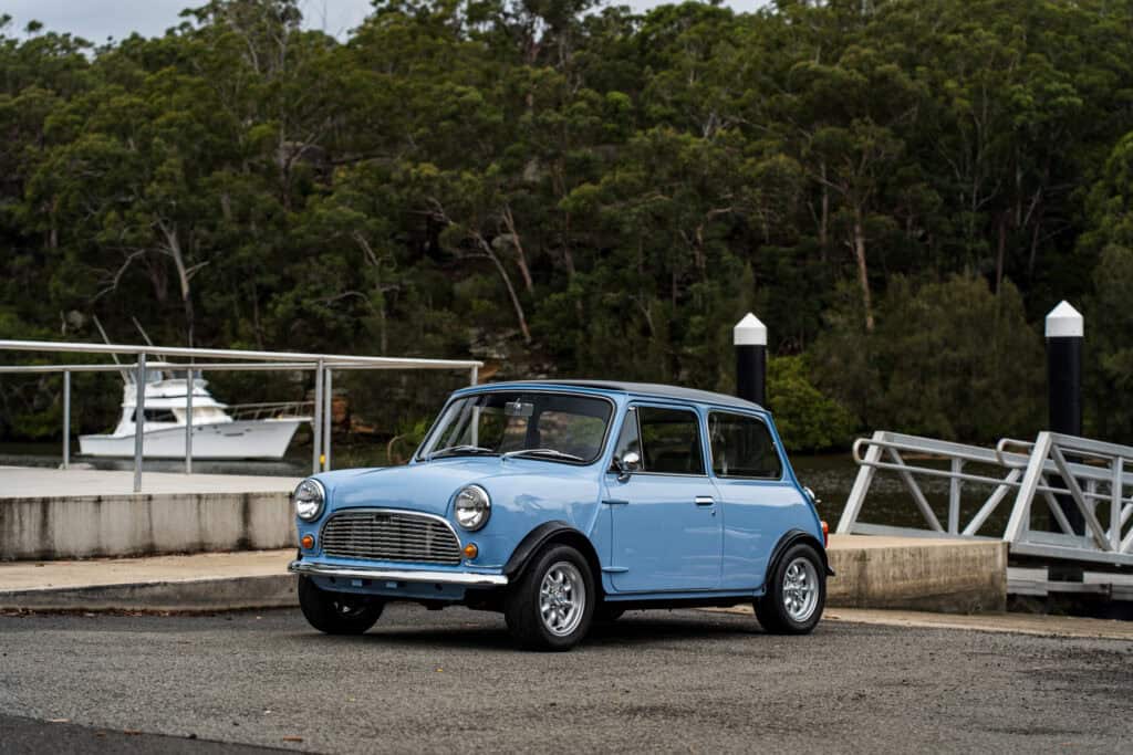 1971 Mini Classic converted to an EV with a Tesla Model 3 small motor by Modern Classic Cars Foundation
