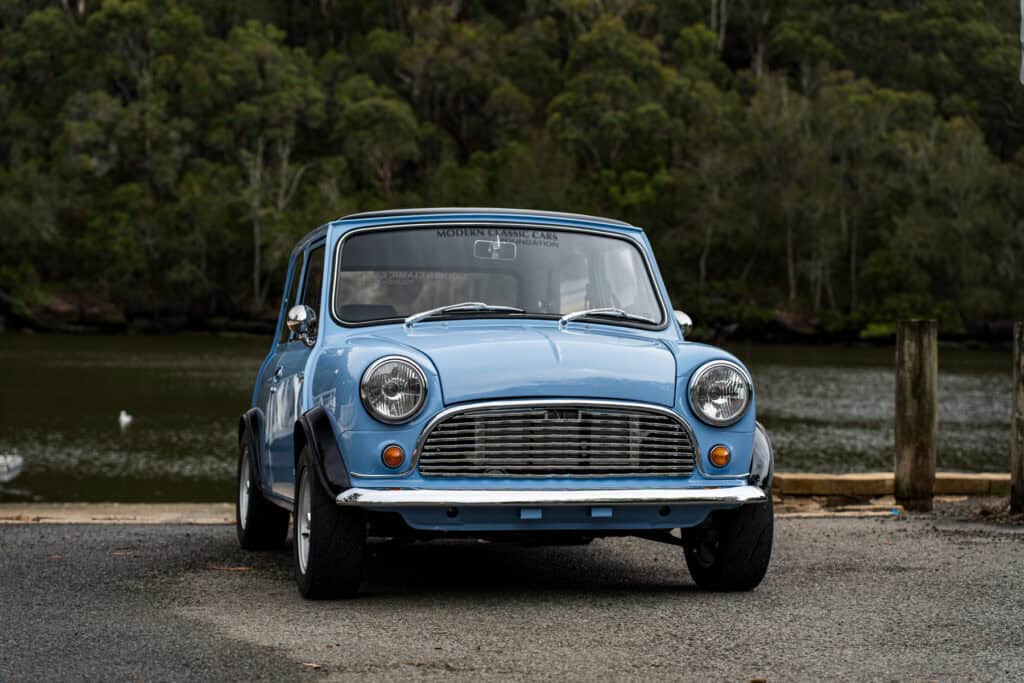 1971 Mini Classic converted to an EV with a Tesla Model 3 small motor by Modern Classic Cars Foundation