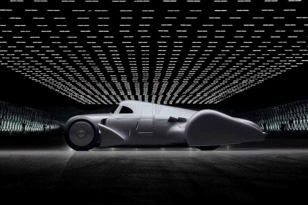 Audi recreated the Auto Union Lucca. After just over three years of construction, the record-breaking car was completed in early 2026. Studio shot. Side view.