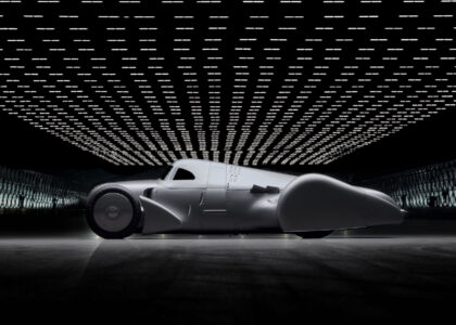 Audi recreated the Auto Union Lucca. After just over three years of construction, the record-breaking car was completed in early 2026. Studio shot. Side view.