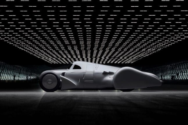 Audi recreated the Auto Union Lucca. After just over three years of construction, the record-breaking car was completed in early 2026. Studio shot. Side view.