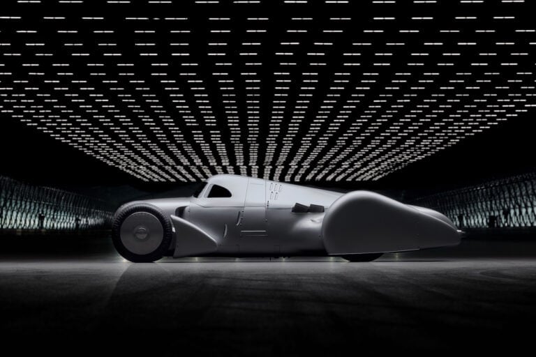Audi recreated the Auto Union Lucca. After just over three years of construction, the record-breaking car was completed in early 2026. Studio shot. Side view.