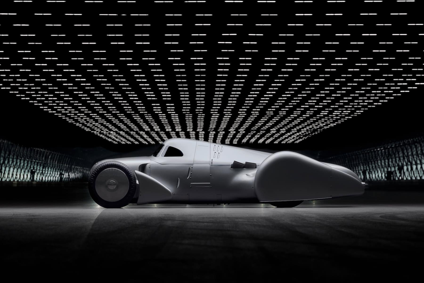 Audi recreated the Auto Union Lucca. After just over three years of construction, the record-breaking car was completed in early 2026. Studio shot. Side view.