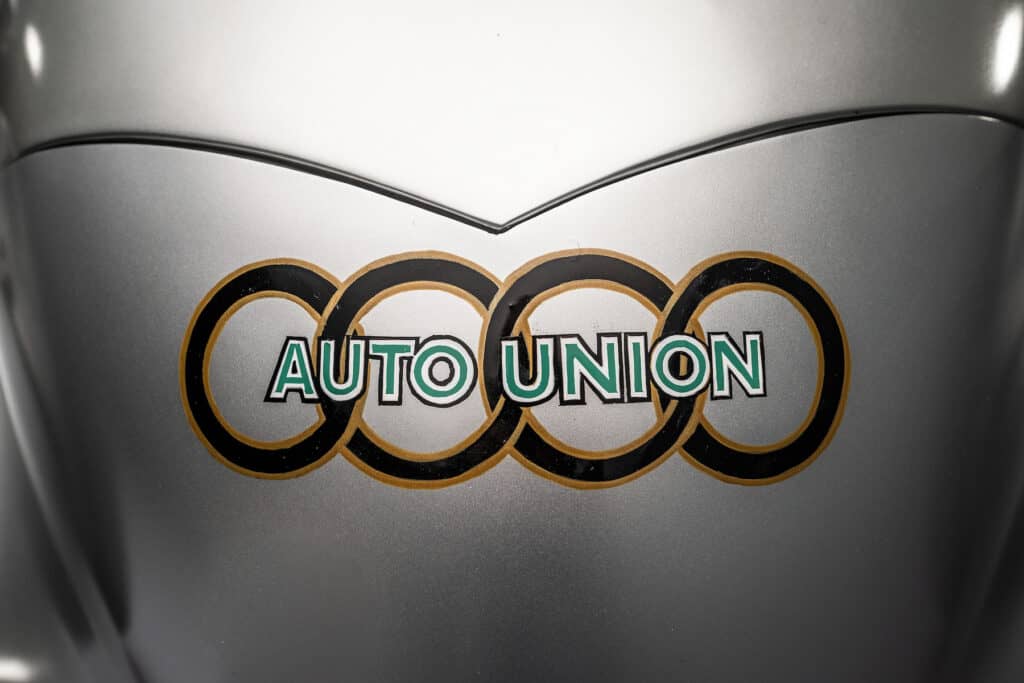 Audi recreated the Auto Union Lucca. After just over three years of construction, the record-breaking car was completed in early 2026. Detail: the Auto Union logo as used on the Auto Union racing cars of the 1930s.