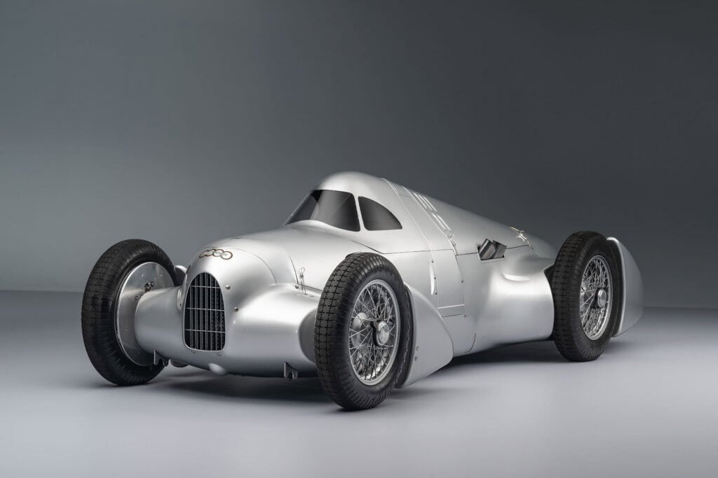 Audi recreated the Auto Union Lucca. After just over three years of construction, the record-breaking car was completed in early 2026. Studio shot of the Avus configuration of the car. Side view.