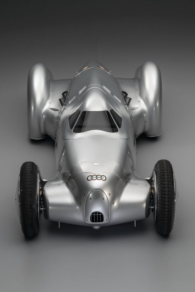 Audi recreated the Auto Union Lucca. After just over three years of construction, the record-breaking car was completed in early 2026. Studio shot. Front view.