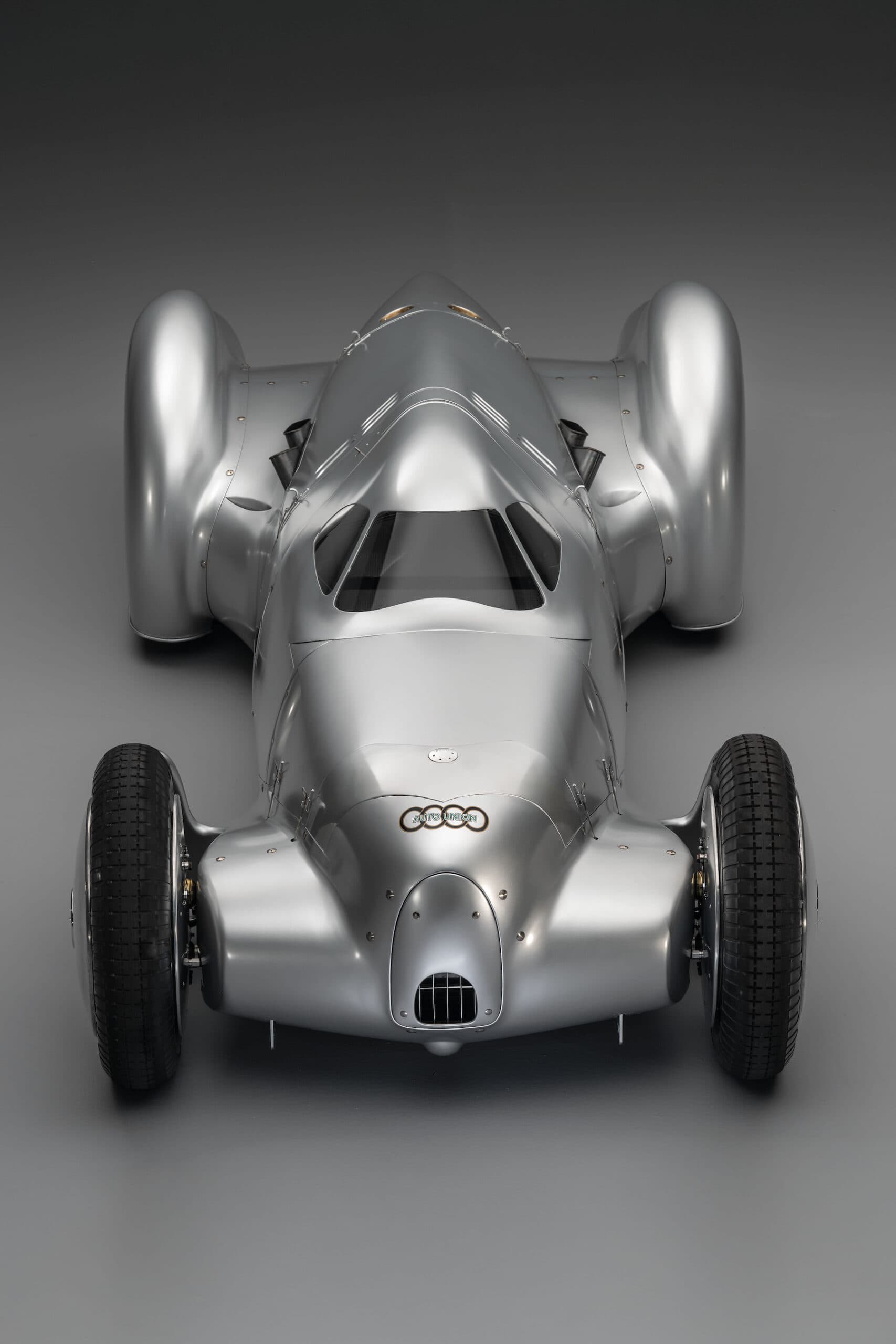 Audi recreated the Auto Union Lucca. After just over three years of construction, the record-breaking car was completed in early 2026. Studio shot. Front view.