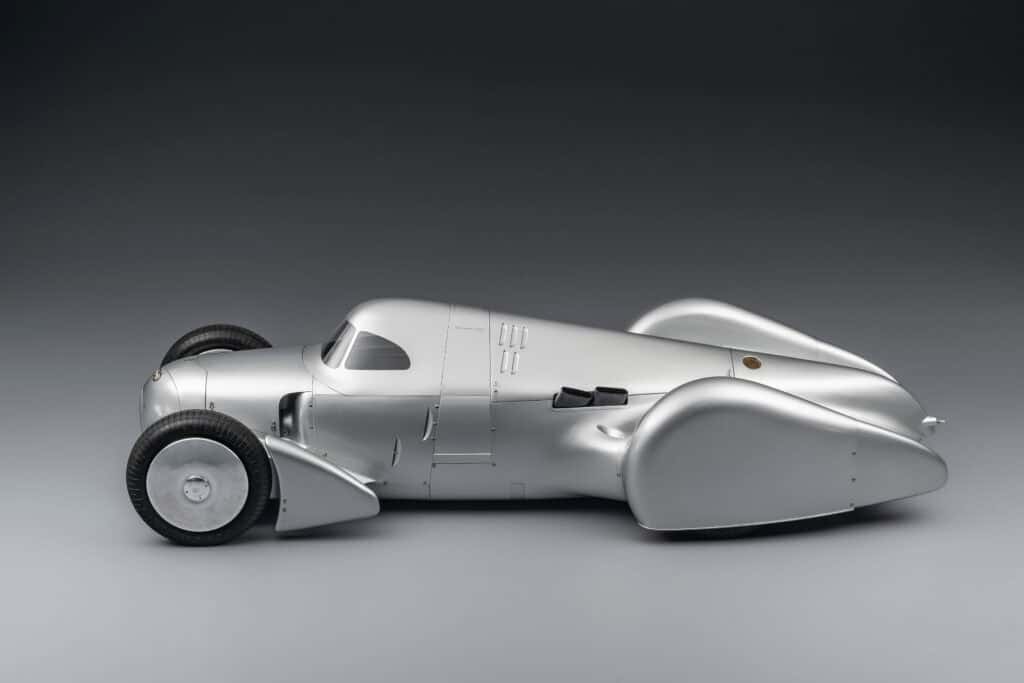 Audi recreated the Auto Union Lucca. After just over three years of construction, the record-breaking car was completed in early 2026. Studio shot. Side view.