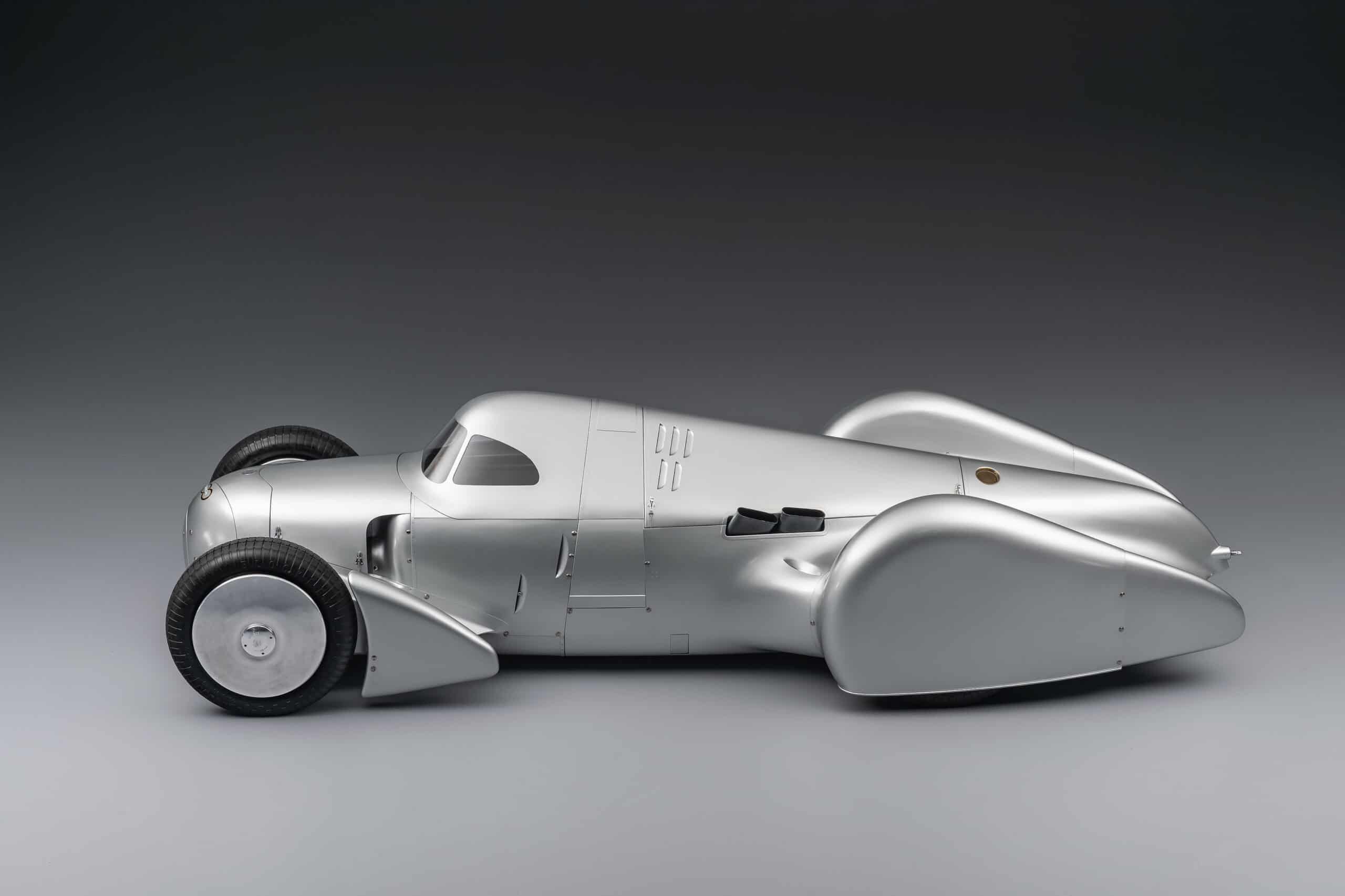 Audi recreated the Auto Union Lucca. After just over three years of construction, the record-breaking car was completed in early 2026. Studio shot. Side view.