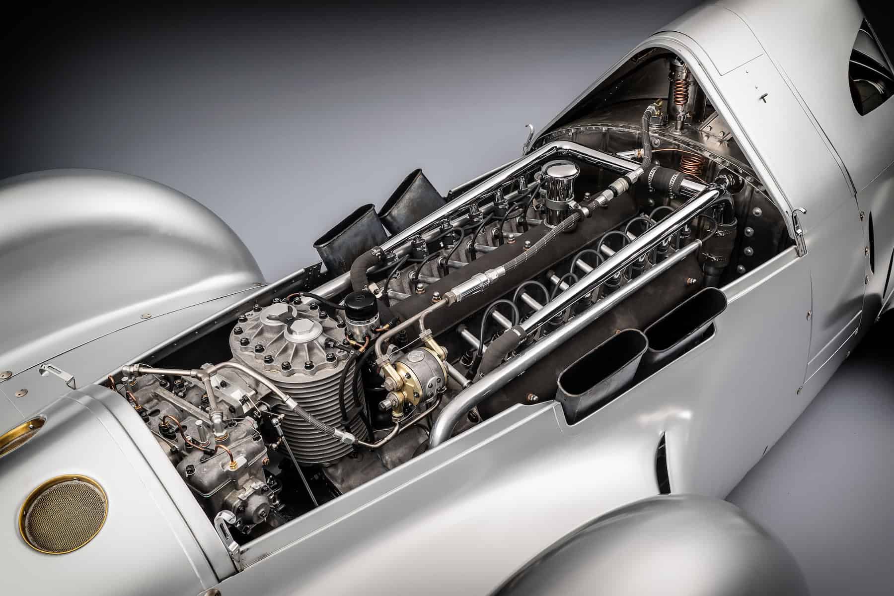 Audi recreated the Auto Union Lucca. After just over three years of construction, the record-breaking car was completed in early 2026. Detail: 16-cylinder-engine with supercharger.