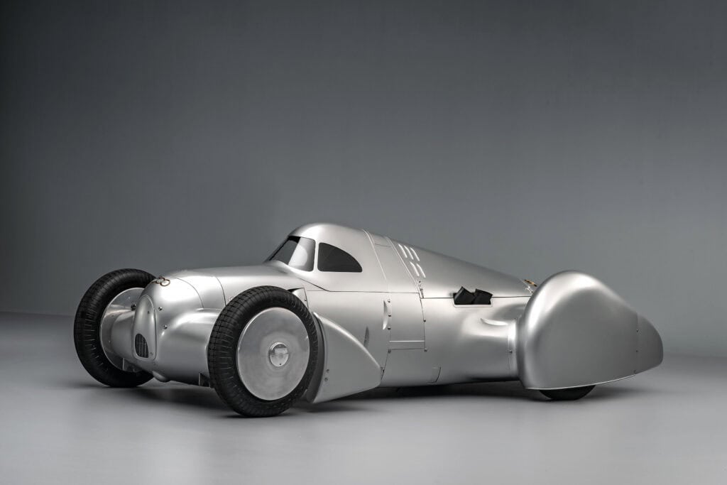 Audi recreated the Auto Union Lucca. After just over three years of construction, the record-breaking car was completed in early 2026. Studio shot. Side view.